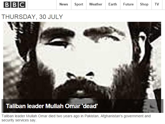 탈레반을 최고지도자 물라 무하마드 오마르의 사망을 보도하는 BBC 뉴스 갈무리.