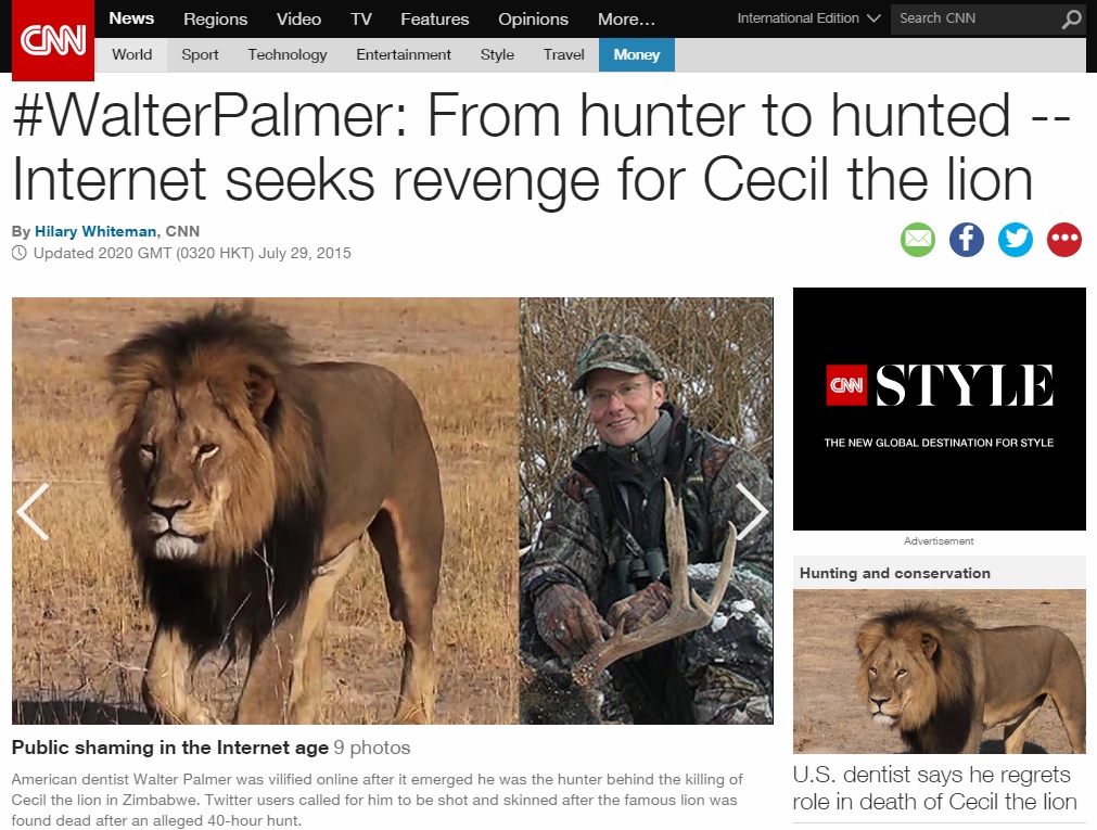 짐바브웨 명물사자 세실의 죽음과 미국인 사냥꾼 월터 팔머에 대한 비난 여론을 보도하는 CNN 뉴스 갈무리.