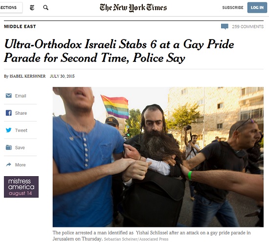 이스라엘 '게이 프라이드' 도중 벌어진 초정통파 유대인의 흉기 난동 사건을 보도한 뉴욕타임스 갈무리