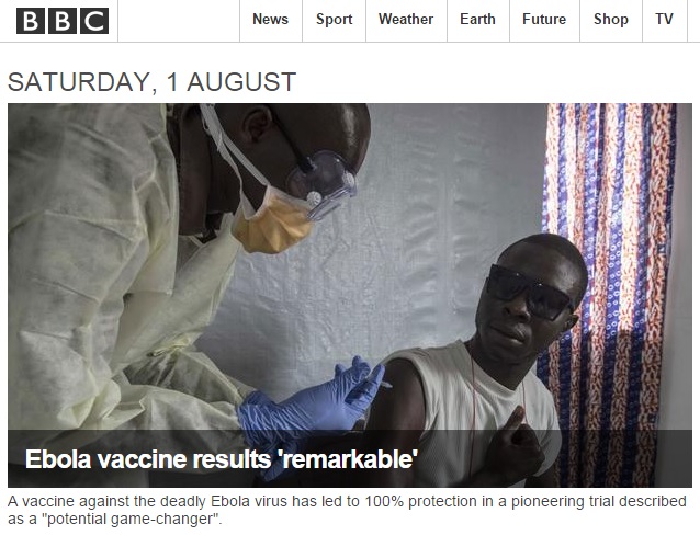 새 에볼라 바이러스 백신의 효과 입증을 보도하는 BBC 뉴스 갈무리.