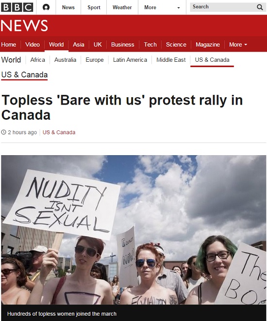 캐나다 온타리오 워털루에서 벌어진 여성들의 "벗을 권리를 달라"는 시위 소식을 전한 BBC 갈무리
