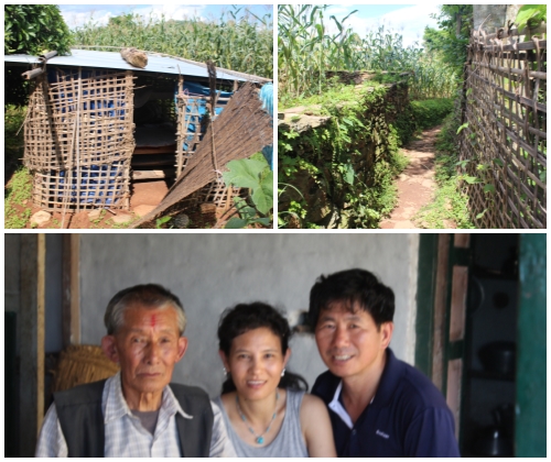한국이주노동자 쉬리 람 터무의 집에 가는 길. 그리고 그의 아버지와 아내 나. 옥수수밭에 임시거처로 마련된 함석 지붕과 대나무를 엮어 만든 거처에는 침대가 놓여 있었다.