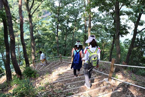 장성댐의 수변을 따라가는 장성호 호반길. 장성군이 옛길을 다듬어 트레킹 길로 만들었다. 경사가 진 곳에는 나무로 계단을 만들어 놓았다. 그 길을 따라 장성군청 산림편백과 직원들이 걷고 있다.