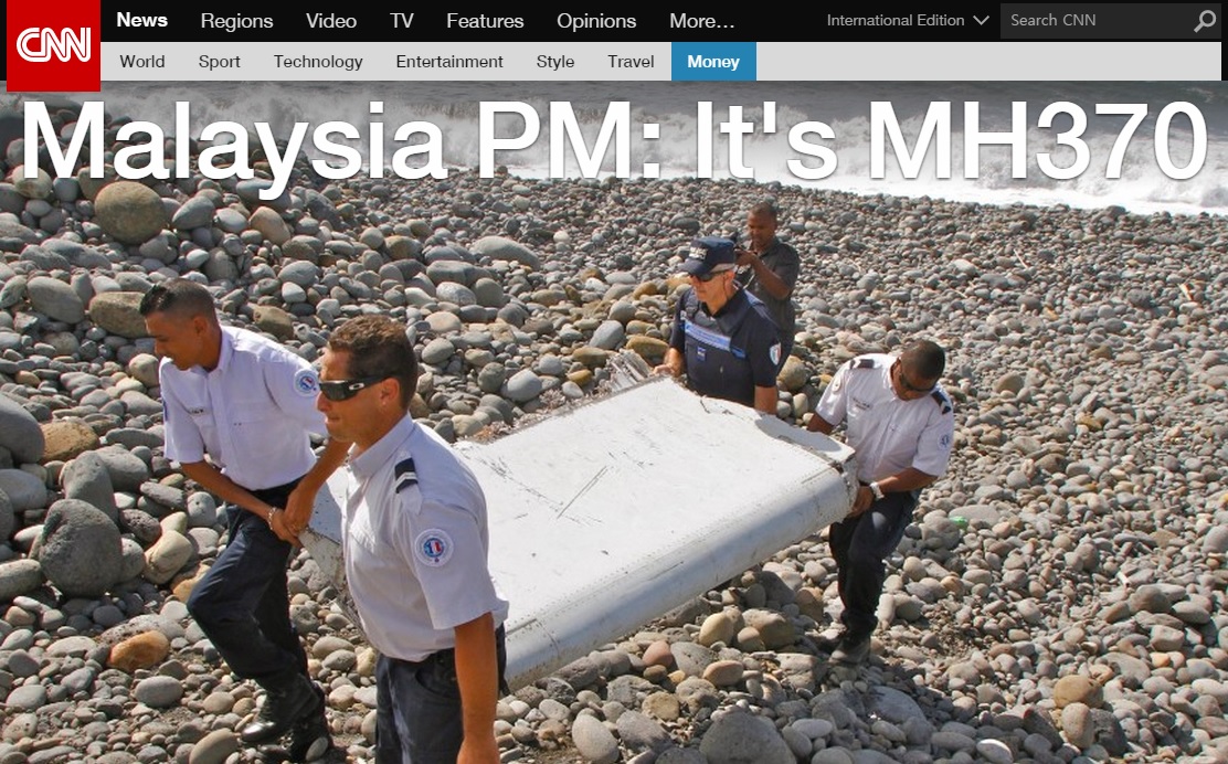 지난해 3월 실종된 말레이시아항공 여객기 잔해 발견을 보도하는 CNN 뉴스 갈무리.