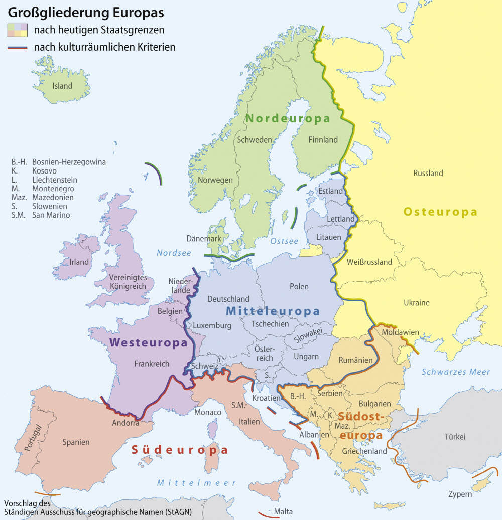유럽지도: 가운데 중부유럽이 보인다. 