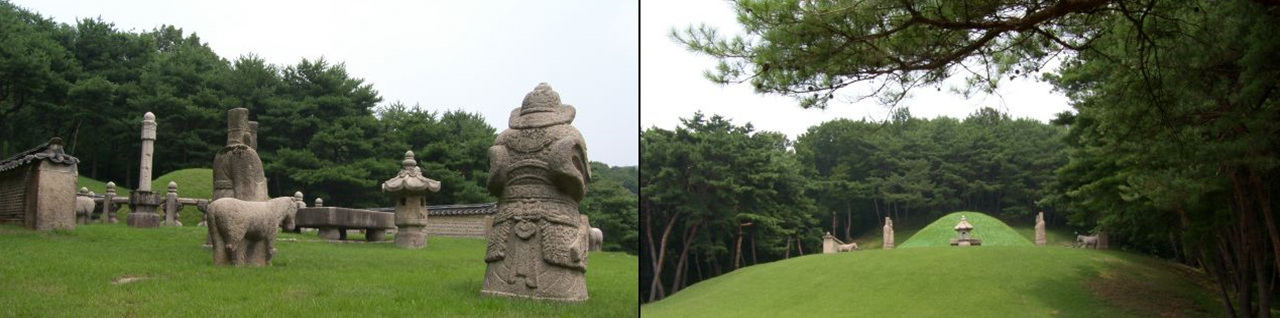 서오릉에 잠들어 있는 덕종(우)과 소혜왕후(좌). 의경세자 신분으로 세상을 떠난 덕종 릉은 무인석도 없이 조촐하지만 소혜왕후 릉은 무인석도 있고 석물이 웅장하다. 똑같이 추존왕과 추존 왕비이지만 사후 추종세력에 따라 능 조영이 달라졌다.