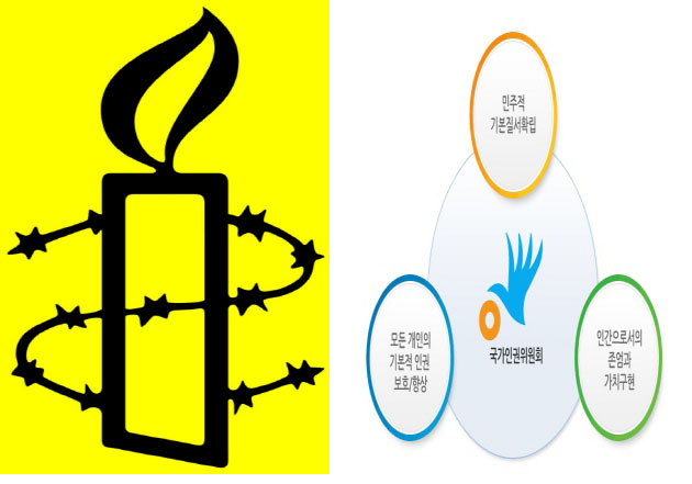 국제엠네스티 로고(왼쪽)와 국가인권위원회의 설립목적을 알리는 그림(오른쪽), 국가인권위원회 로고가 왼쪽 그림 가운데 있다.(각각 홈페이지 갈무리)