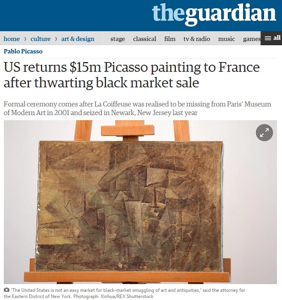 미국에 밀반입 중 적발된 피카소 그림이 프랑스 정부로 반환됐다는 소식을 전한 가디언 갈무리