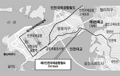 인천역과 인천국제공항역을 연결할 제2공항철도 노선 위치 안내.