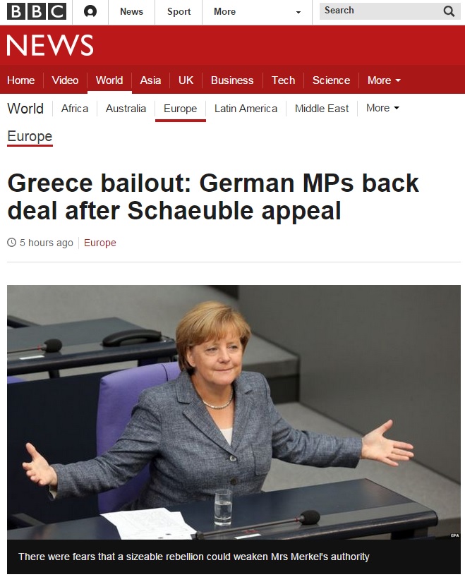 독일 의회에서 그리스 구제금융안이 통과됐단 소식을 전한 BBC 갈무리