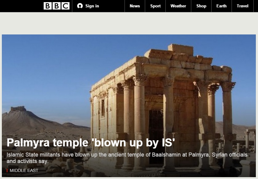 이슬람국가(IS)의 팔미라 고대 신전 폭파를 보도하는 BBC 뉴스 갈무리.
