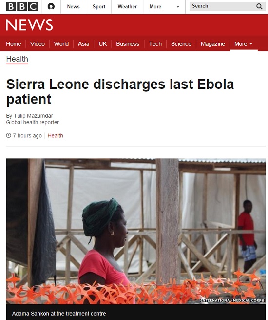 시에라리온 마지막 에볼라 환자의 퇴원을 알린 BBC 갈무리.