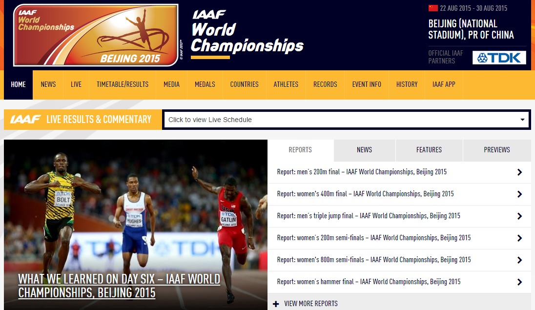  우사인 볼트(자메이카)의 2015 세계육상선수권대회 남자 200m 우승을 알리는 국제육상경기연맹 공식 홈페이지 갈무리.