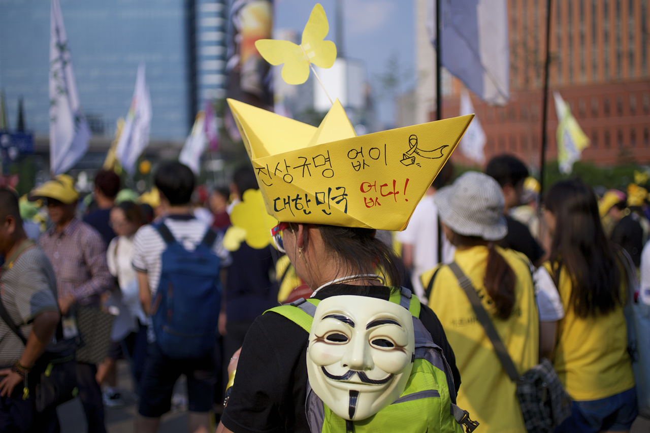 세월호 추모집회 참가자가 "진상규명없이 대한민국 없다!"라는 구호와 세월호를 상징하는 종이배, 나비, 가이 포크스 가면 등으로 자신의 의지를 표현하고 있다.