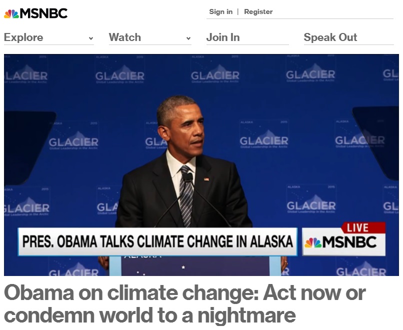 버락 오바마 대통령의 알래스카 방문과 북극 회의 개최를 보도하는 NBC 뉴스 갈무리.