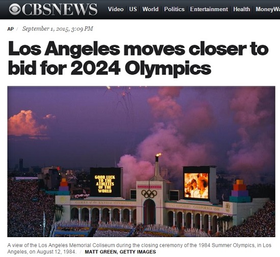미국의 2024년 올림픽 개최 후보도시로 보스턴 대신 로스앤젤레스가 재선정됐다는 소식을 전한 CBS 갈무리