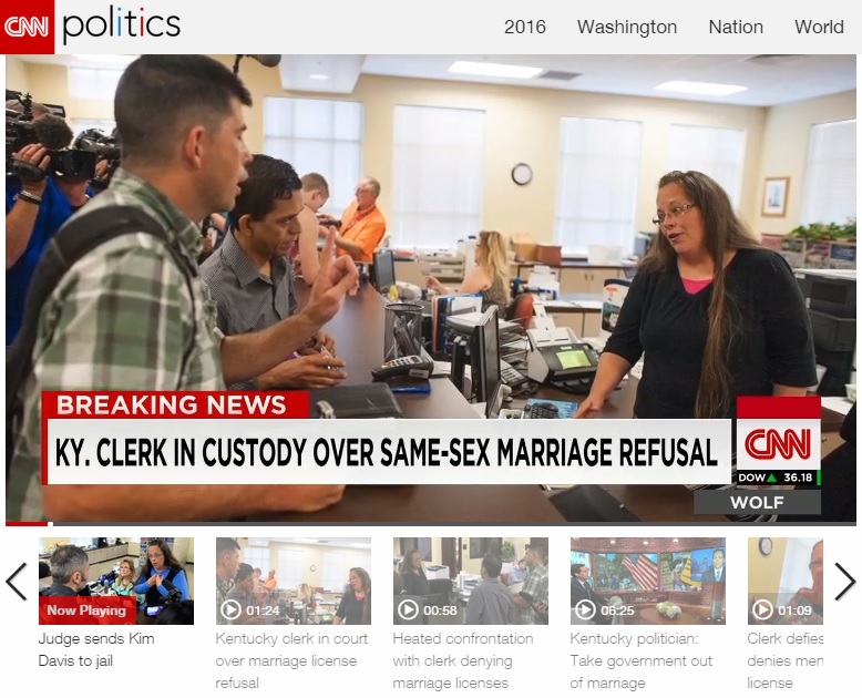 동성 결혼 증명서 발급 거부한 미국 켄터키주 법원 서기의 구속 판결을 보도하는 CNN 뉴스 갈무리.
