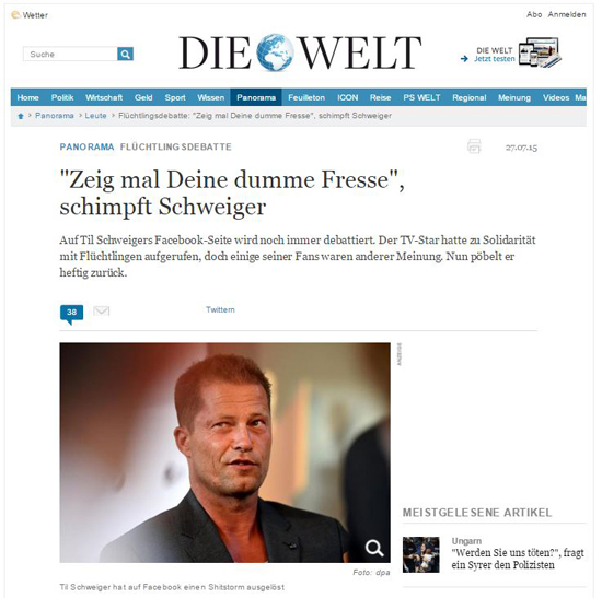 독일 언론 디 벨트 (Die Weit) 캡처이미지, 틸 슈바이거가 악성댓글을 강하게 꾸짖었다는 기사
