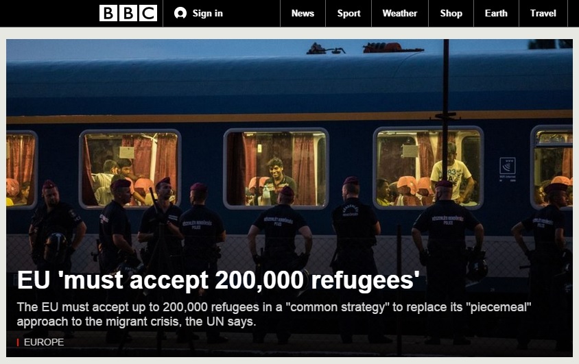 유엔의 유럽연합(EU) 난민 수용 촉구를 보도하는 BBC 뉴스 갈무리.