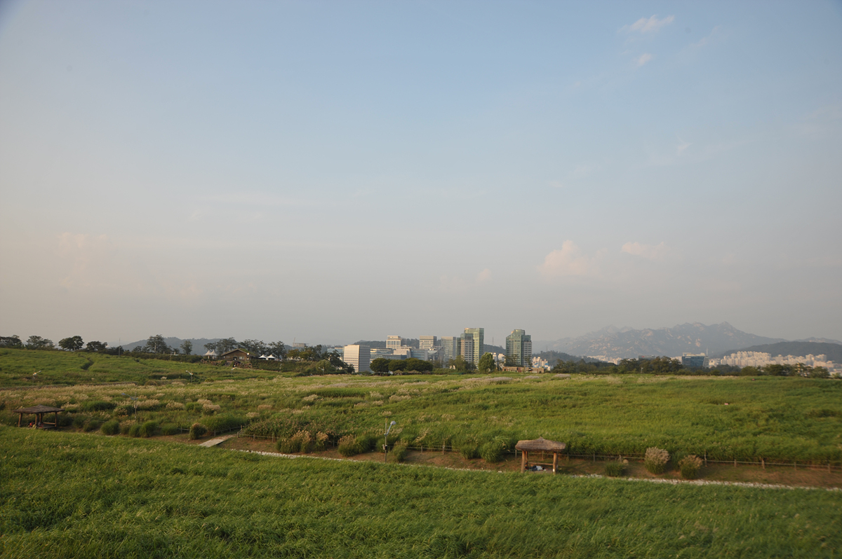 전망대에서 바라본 하늘공원.  오른쪽 멀리 북한산이 보인다.