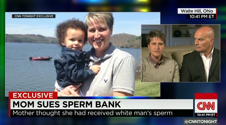 정자은행의 실수로 혼혈 자녀를 낳았다는 미국 백인 여성의 소송을 보도하는 CNN 뉴스 갈무리.