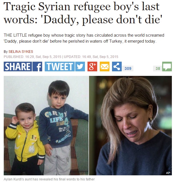 시리아 난민 꼬마 아일란 쿠르디의 죽음 당시를 설명하는 고모 티마 쿠르디(오른쪽)의 기자회견을 보도하는 영국 <텔레그래프> 갈무리.