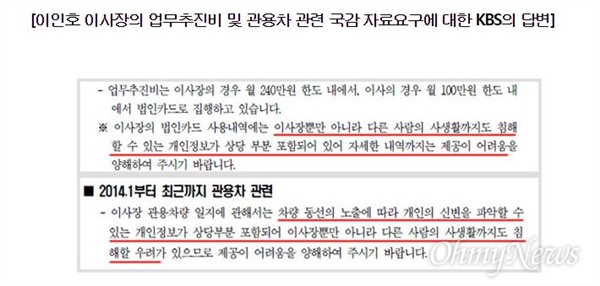 최민희 새정치민주연합 의원의 자료 요구에 KBS가 보낸 답변서