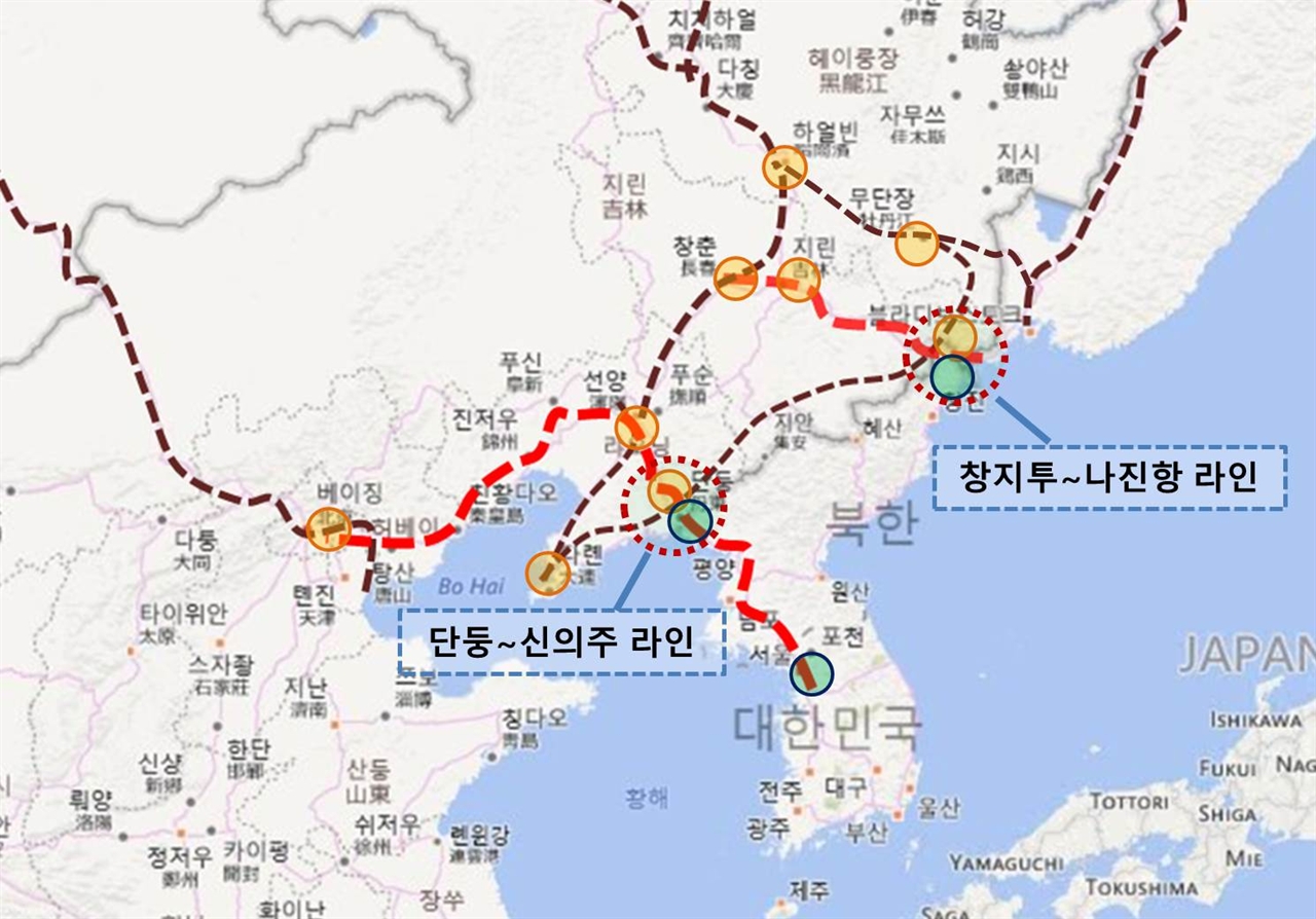 단둥~신의주를 통한 한반도 연결과 창지투~나진항을 통한 환동해 경제권 연결을 위한 중국의 의도를 Bing Map위에 표시해보았다. 