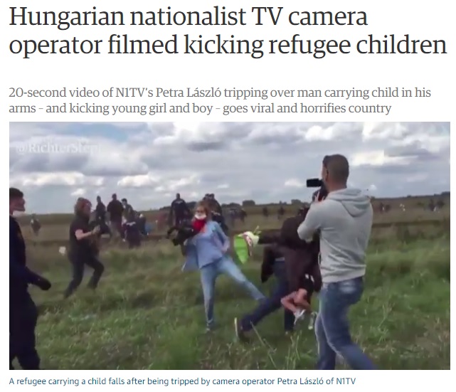 경찰을 피해 도망가는 난민의 발을 걸어 넘어뜨린 헝가리 카메라 기자의 행동을 보도하는 영국 <가디언> 갈무리.