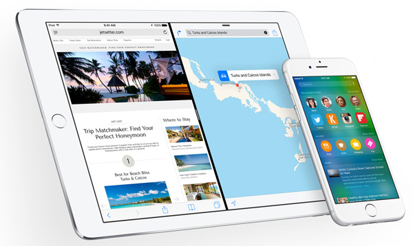 애플 새 모바일 운영체제 iOS9이 적용된 '아이패드 에어2'와 '아이폰6'