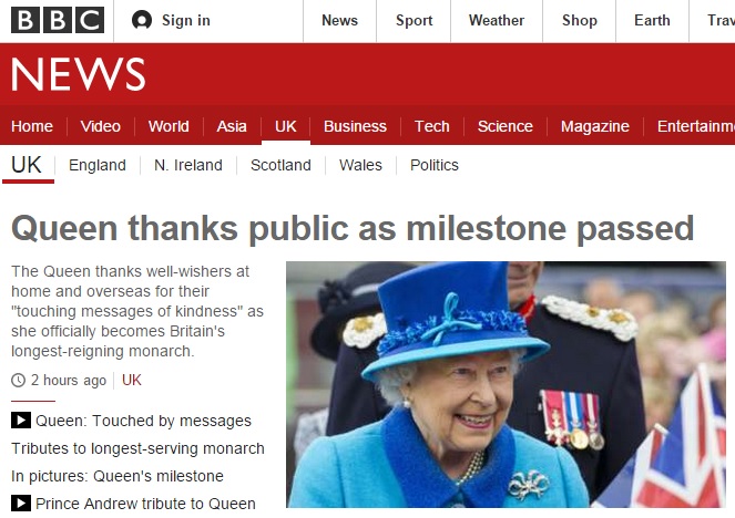 엘리자베스 2세 여왕의 영국 최장기간 군주 재위 기록을 보도하는 BBC 뉴스 갈무리.