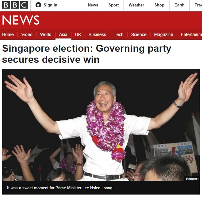 싱가포르 총선 결과를 보도하는 BBC 뉴스 갈무리.