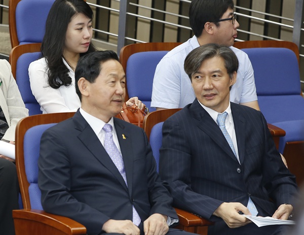 새정치민주연합 김상곤 혁신위원장(왼쪽)과 조국 위원이 진나 9일 국회에서 열린 당무위원회의에서 대화를하고 있다. 