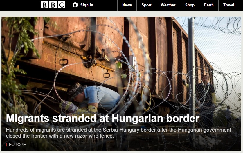 난민 유입을 막기 위한 헝가리의 국경 통제를 보도하는 BBC 뉴스 갈무리.