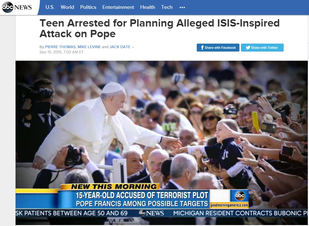 프란치스코 교황 테러를 계획한 15세 소년 체포 소식을 보도하는 미국 ABC 뉴스 갈무리.