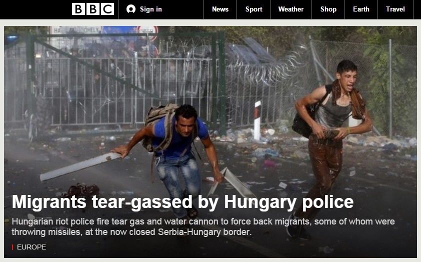 헝가리 경찰의 국경 지역 난민 무력 진압을 보도하는 BBC 뉴스 갈무리.