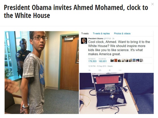 직접 만든 시계가 폭탄으로 의심되어 경찰에 체포된 아메드 모하메드의 사연과 버락 오바마 미국 대통령의 백악관 초청을 소개하는 ABC 뉴스 갈무리.