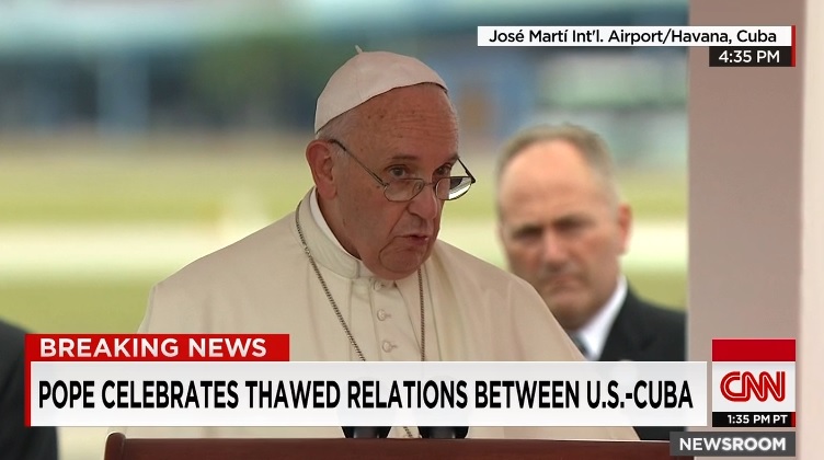 프랑치스코 교황의 쿠바 방문을 보도하는 CNN 뉴스 갈무리.