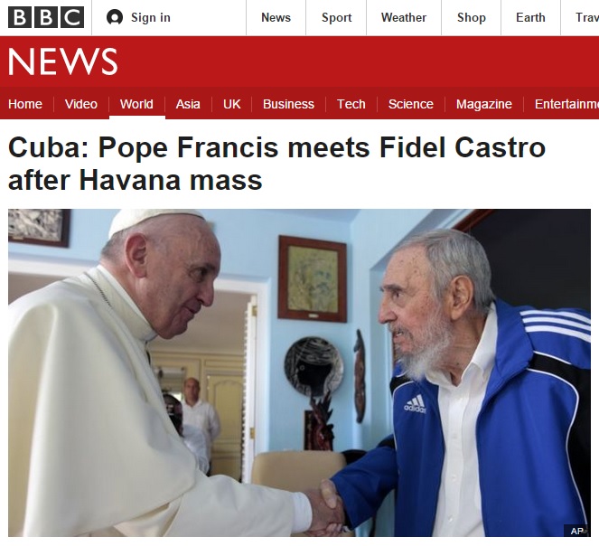 프란치스코 교황과 피델 카스르토 전 쿠가 국가평의회 의장의 만나믈 보도하는 BBC 뉴스 갈무리.