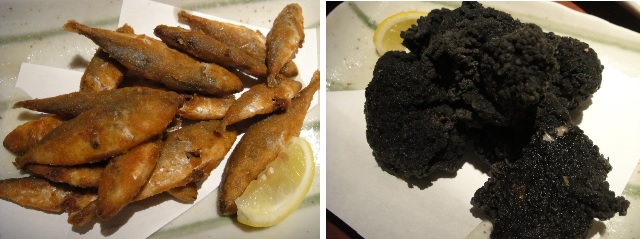 히라카타 지나노스케 식당에서 맛본 새끼 전갱이 튀김과 대나무 숯 치킨입니다.