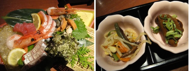 생선회와 밑반찬입니다. 생선회는 일본 먹거리의 기본입니다. 밑반찬 가운데 콩나물 무침이 들어있습니다. 일본에서 콩나물 요리는 드뭅니다.