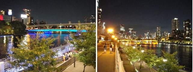 오사카 시내 덴만바시 근처 유람선 타는 곳과 배가 다니는 강입니다.