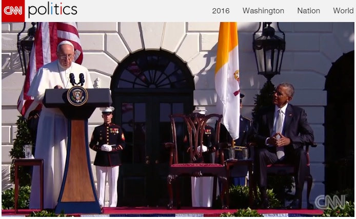 프란치스코 교황의 미국 백악관 방문 연설을 중계하는 CNN 갈무리.