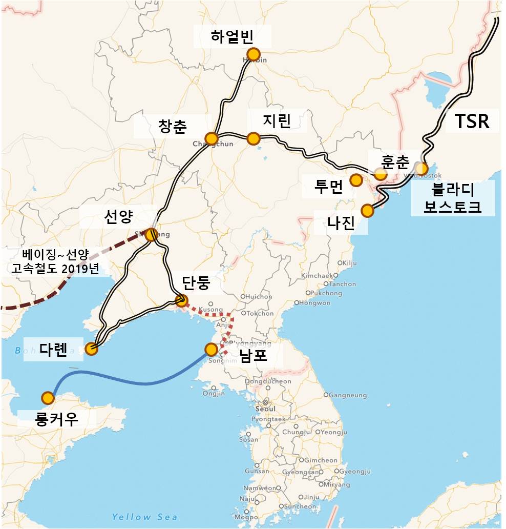 중국의 동북지역 고속철도 개통과 더불어 북중 간의 인프라 건설이 이어지고 있다. 남포항~렁커우항 간의 노선도 이어지면서 북중 간에 일대일로(해륙 복합 네트워크) 전략이 추진되고 있다.