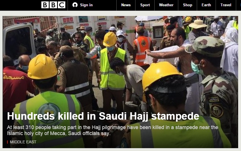 사우디아라비 이슬람 성지순례에서 발생한 대규모 압사 사고를 보도하는 BBC 뉴스 갈무리.
