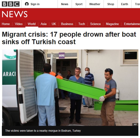 터키 해안에서 발생한 시리아 난민선 침몰 사고를 보도하는 BBC 뉴스 갈무리.
