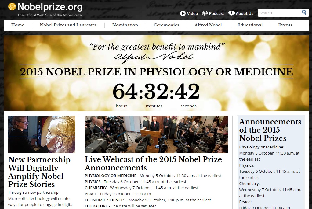 2015년 각 분야 수상자 발표가 임박한 노벨상 공식 홈페이지 갈무리.