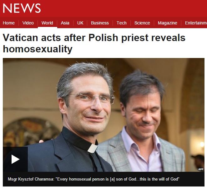 교황청 성직자 크리스토프 올라프 카람사 신부의 커밍아웃 선언을 보도하는 BBC 뉴스 갈무리.