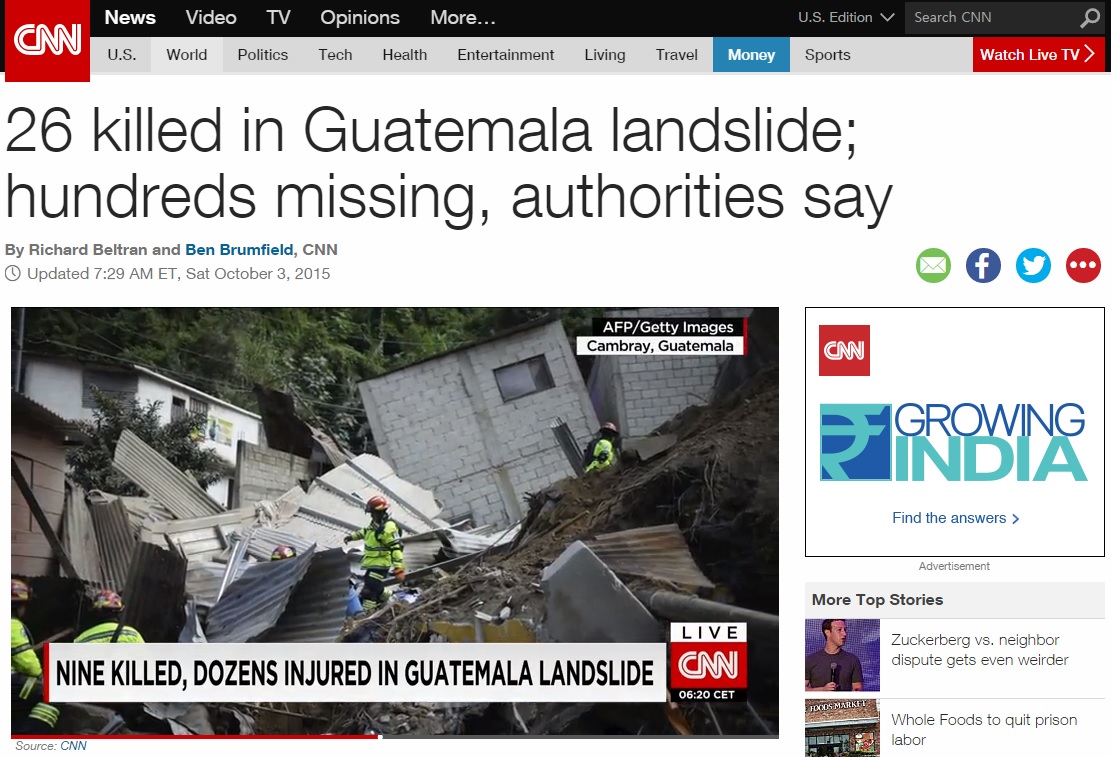 과테말라에서 발생한 대규모 산사태를 보도하는 CNN 뉴스 갈무리.