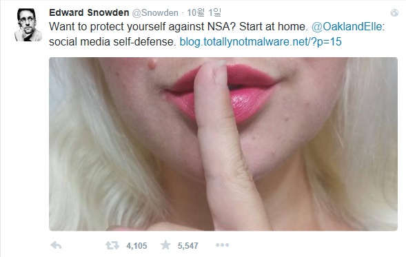 에드워드 스노든(31)이 지난 1일 트위터를 통해  “NSA로부터 자신을 보호하기 원하나요?”라는 질문을 던지고 “집에서 시작하세요”라고 말했다.